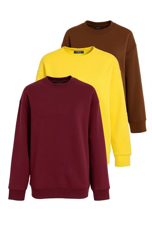 MDX Sarı/Kahverengi/Bordo Bisiklet Yaka Basic 3'Lü Paket Sweatshirt MG2595 - Saint-Jérôme