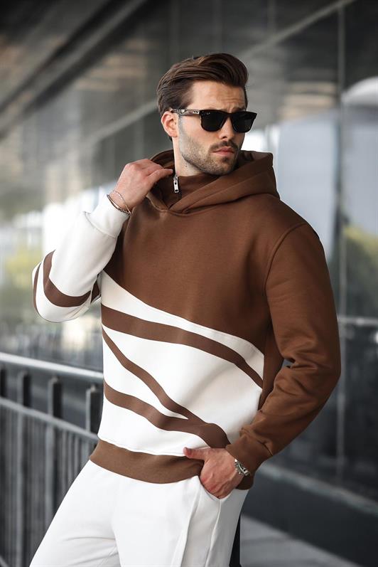 MDX Brown Hooded Zip Neck Patterned Men's Sweatshirt E7162 - Mount Prospect