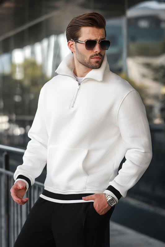MDX Ecru Zippered Stand Collar Kangaroo Pocket Men's Sweatshirt E7159 - Limoges