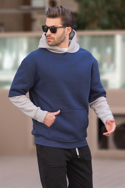 MDX Navy Blue Hooded Men's Sweatshirt with Pocket Detail 7071 - Chilón