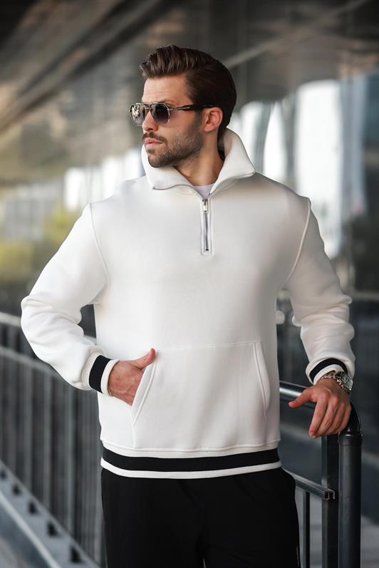 MDX Ecru Zippered Stand Collar Kangaroo Pocket Men's Sweatshirt E7159 - Limoges
