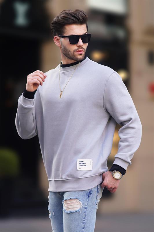 MDX Painted Gray Bicycle Collar Oversized Raglan Sleeve Detailed Men's Sweatshirt 7043 - Santa María Atzompa