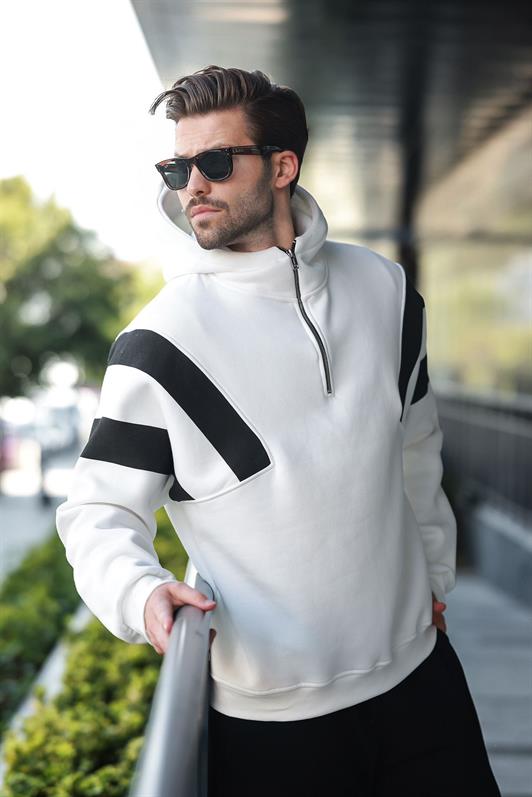 MDX Ecru Zippered Collar Hooded Men's Sweatshirt E7161 - Tejupilco