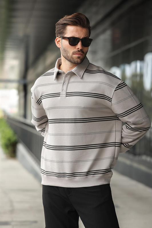 MDX Boyalı Gri Çizgili Polo Yaka Erkek Sweatshirt E7172 - Évry
