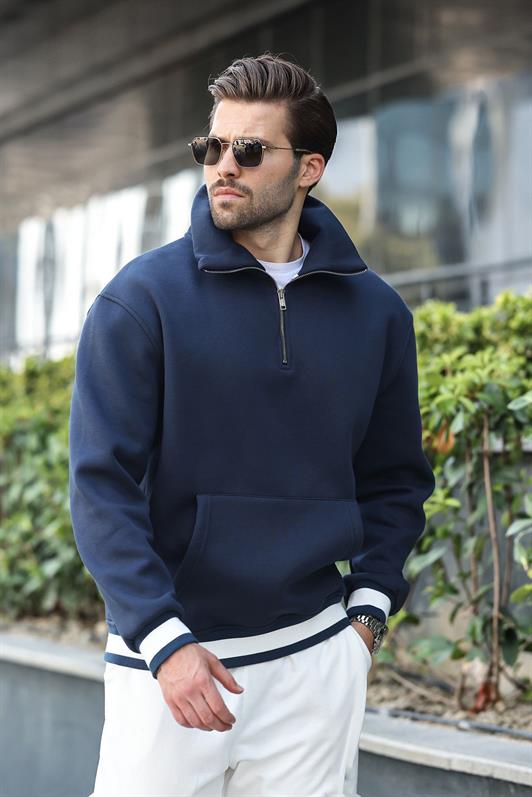 MDX Navy Zippered Stand-up Collar Kangaroo Pocket Men's Sweatshirt E7159 - Midland