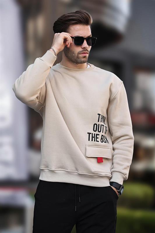 MDX Beige Bicycle Collar Sweatshirt with Shawl Pocket Detail 7061 - Union City