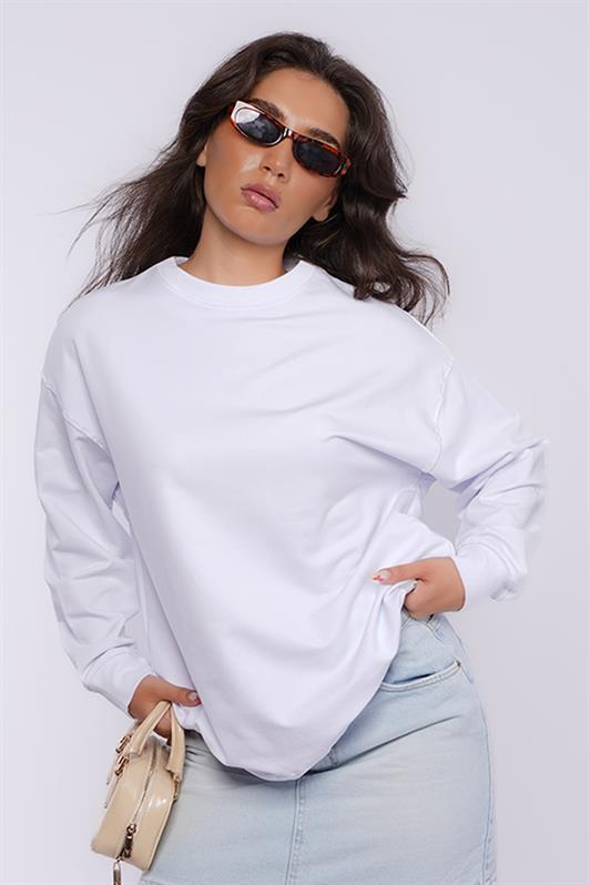 MDX Beyaz Basic Oversize Kadın Sweatshirt MG1686 - Long Beach