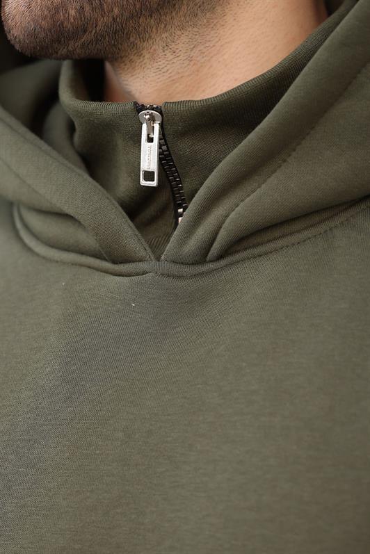 MDX Haki Kapüşonlu Fermuar Yaka Desenli Erkek Sweatshirt E7162 - DeSoto