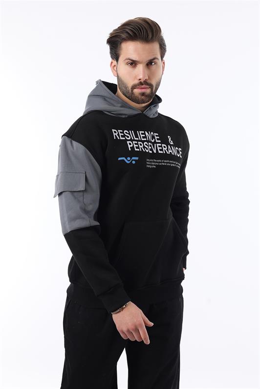 MDX Black Hooded Pocket Detailed Printed Men's Sweatshirt 7058 - Trujillo Alto