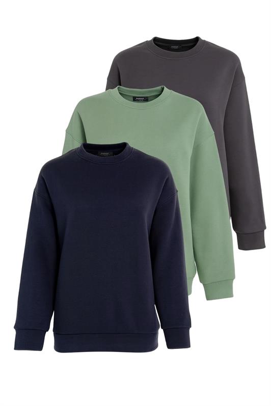 MDX Lacivert/Füme/Mint Yeşili Bisiklet Yaka Basic 3'Lü Paket Sweatshirt MG2595 - Arrecife