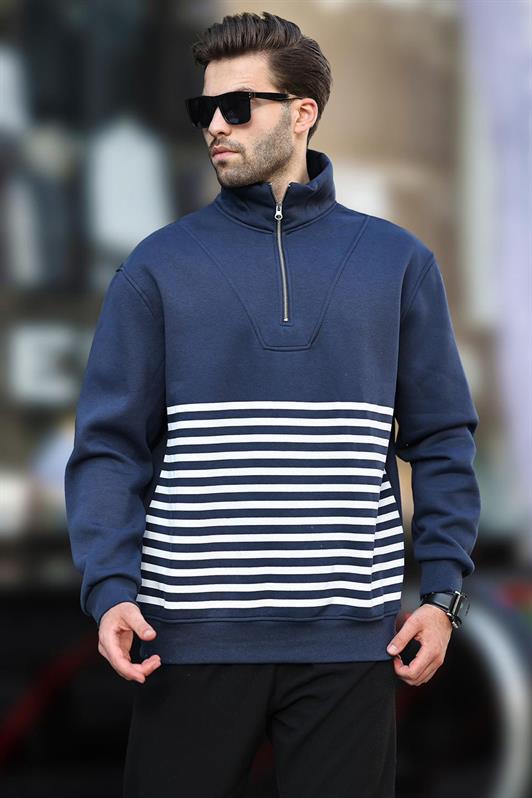 MDX Navy Blue Striped Sweatshirt with Zipper Collar 7056 - Argyroúpoli