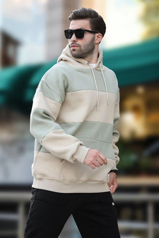 MDX Beige Hooded Color Block Men's Sweatshirt with Pocket Detail 7044 - Sykiés