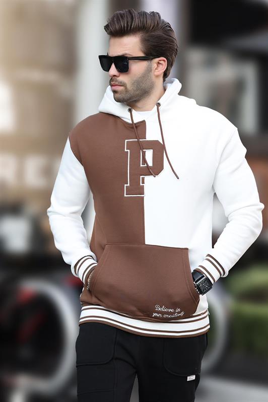 MDX Ecru Color Block Hooded Printed Men's Sweatshirt 7078 - Salisbury