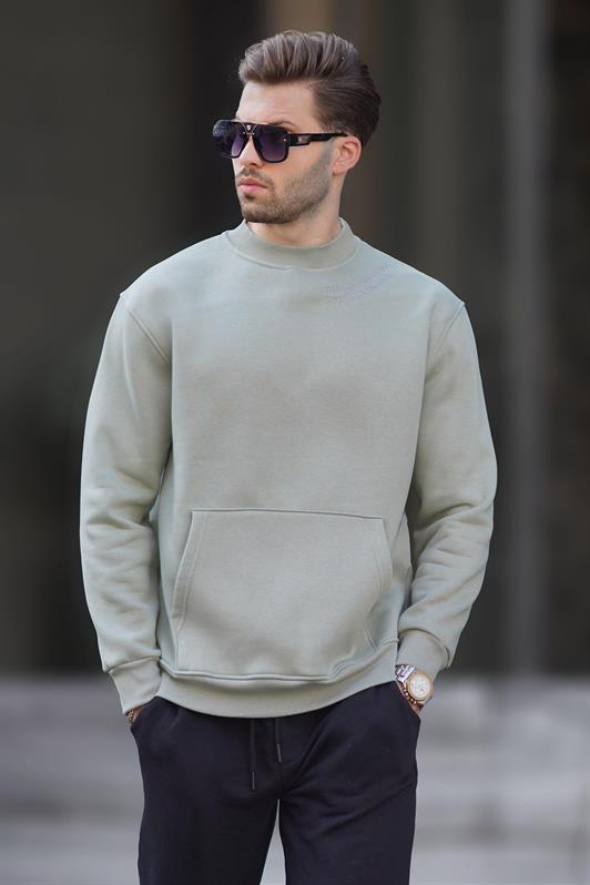 MDX Mint Green Bicycle Collar Embroidered Detailed Pocketed Men's Sweatshirt 7049 - Lárisa