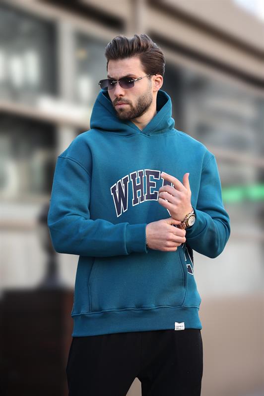 MDX Men's Sweatshirt with Petrol Blue Hood and Printed Pocket Detail E7065 - Manchester