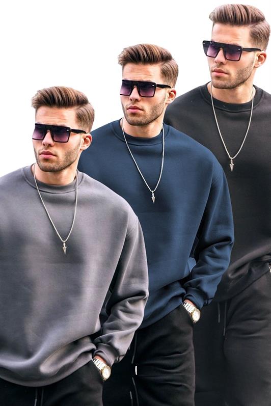 MDX Füme/Lacivert/Siyah Bisiklet Yaka Oversize Şardonlu Basic Erkek 3'Lü Paket Sweatshirt E7448 - Coburg