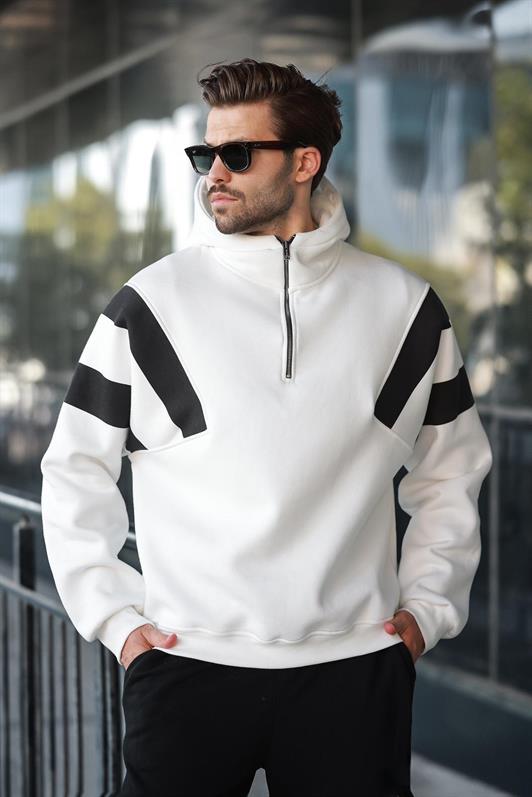 MDX Ecru Zippered Collar Hooded Men's Sweatshirt E7161 - Tejupilco