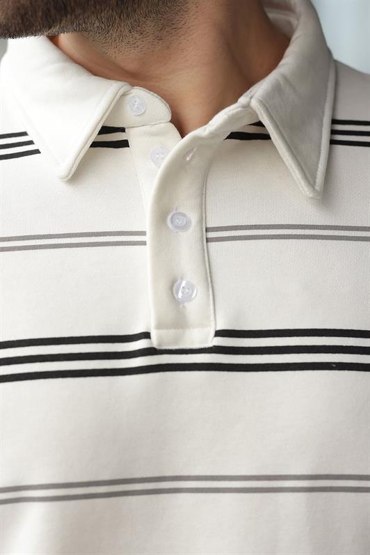 MDX Ekru Çizgili Polo Yaka Erkek Sweatshirt E7172 - Kempten
