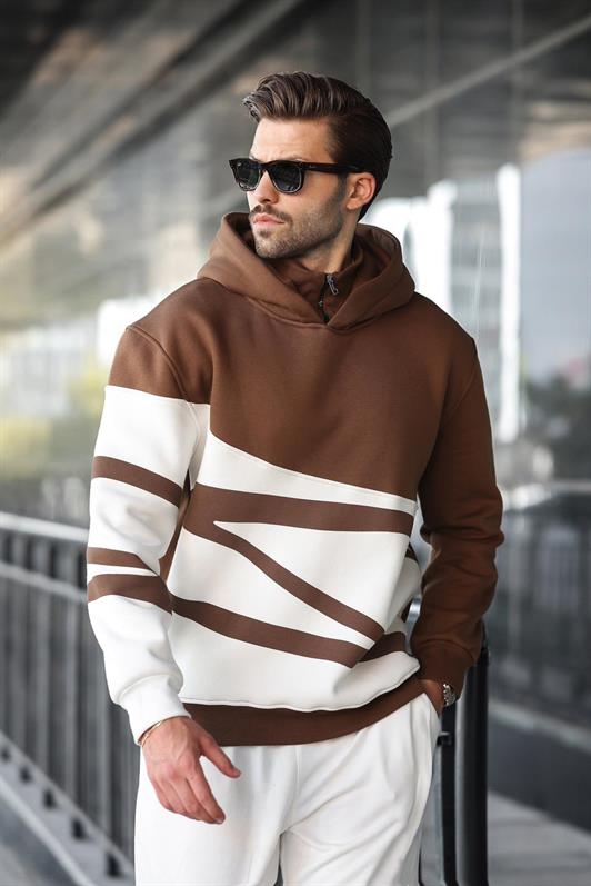 MDX Brown Hooded Zip Neck Patterned Men's Sweatshirt E7162 - Mount Prospect