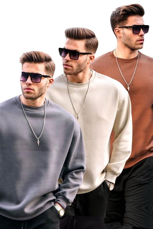 MDX Füme/Bej/Kahverengi Bisiklet Yaka Oversize Şardonlu Basic Erkek 3'Lü Paket Sweatshirt E7448 - Vineland