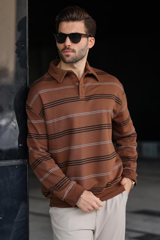 MDX Kahverengi Çizgili Polo Yaka Erkek Sweatshirt E7172 - Kanata