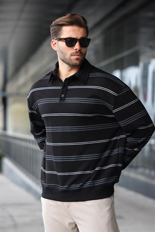 MDX Siyah Çizgili Polo Yaka Erkek Sweatshirt E7172 - Stow