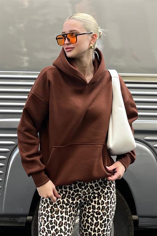 MDX Painful Brown Hooded Oversized Pocketed Sweatshirt with Mustard MG2206 - Snizhne