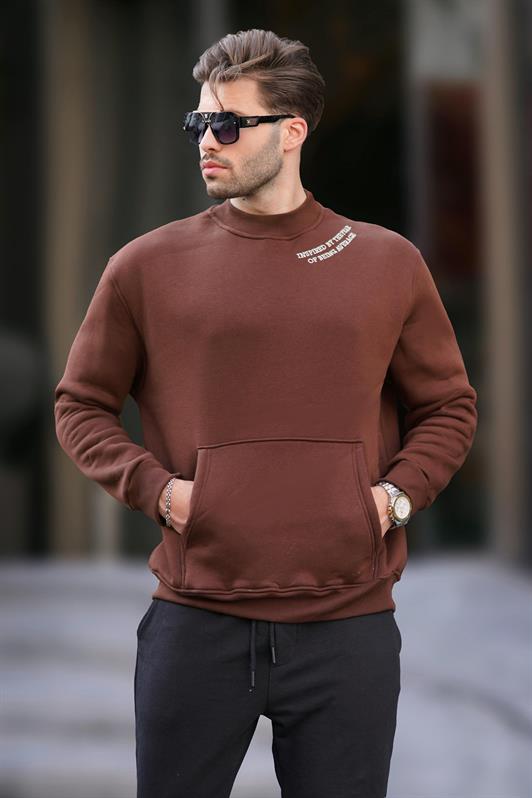 MDX Painful Brown Bicycle Collar Embroidered Detailed Pocketed Men's Sweatshirt 7049 - Hellendoorn