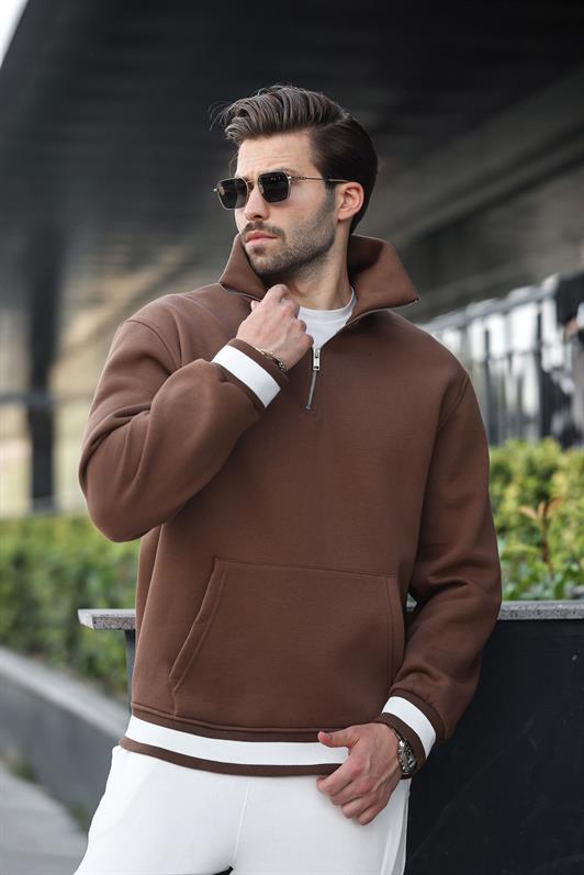 MDX Brown Zippered Stand Collar Kangaroo Pocket Men's Sweatshirt E7159 - Tempe