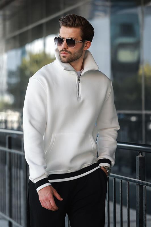 MDX Ecru Zippered Stand Collar Kangaroo Pocket Men's Sweatshirt E7159 - Limoges