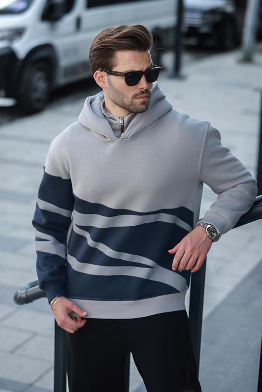 MDX Men's Hooded Zipper Collar Patterned Sweatshirt in Gray E7162 - Terrebonne