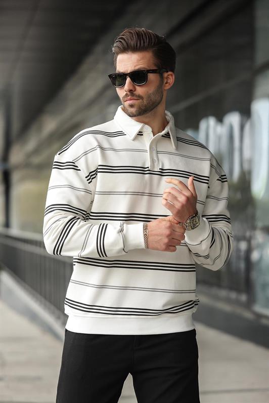 MDX Ekru Çizgili Polo Yaka Erkek Sweatshirt E7172 - Kempten