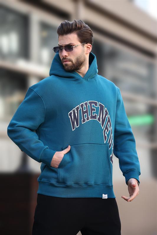 MDX Men's Sweatshirt with Petrol Blue Hood and Printed Pocket Detail E7065 - Manchester