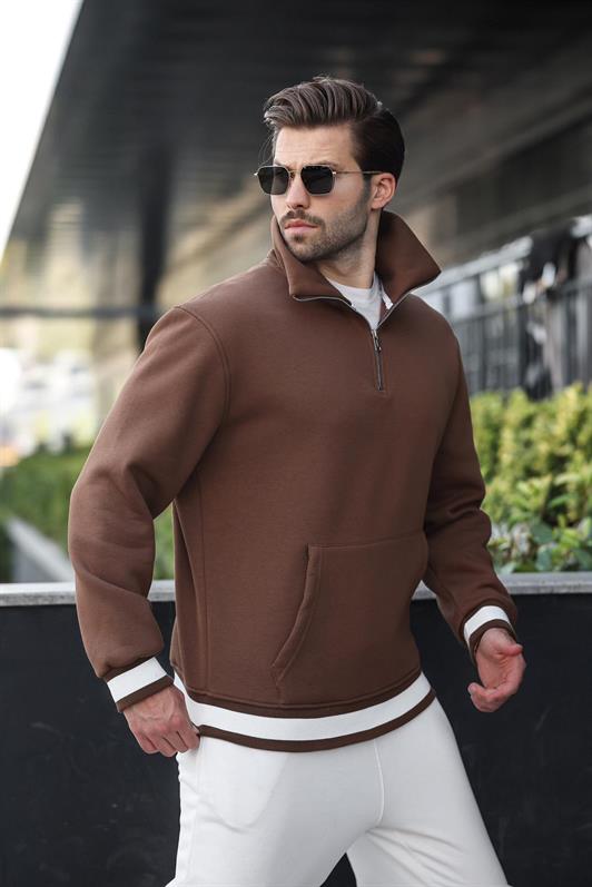 MDX Brown Zippered Stand Collar Kangaroo Pocket Men's Sweatshirt E7159 - Tempe