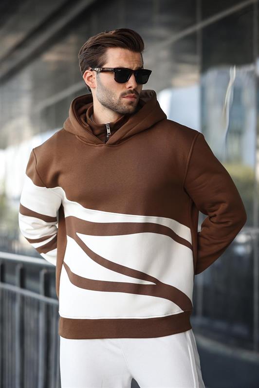 MDX Brown Hooded Zip Neck Patterned Men's Sweatshirt E7162 - Mount Prospect