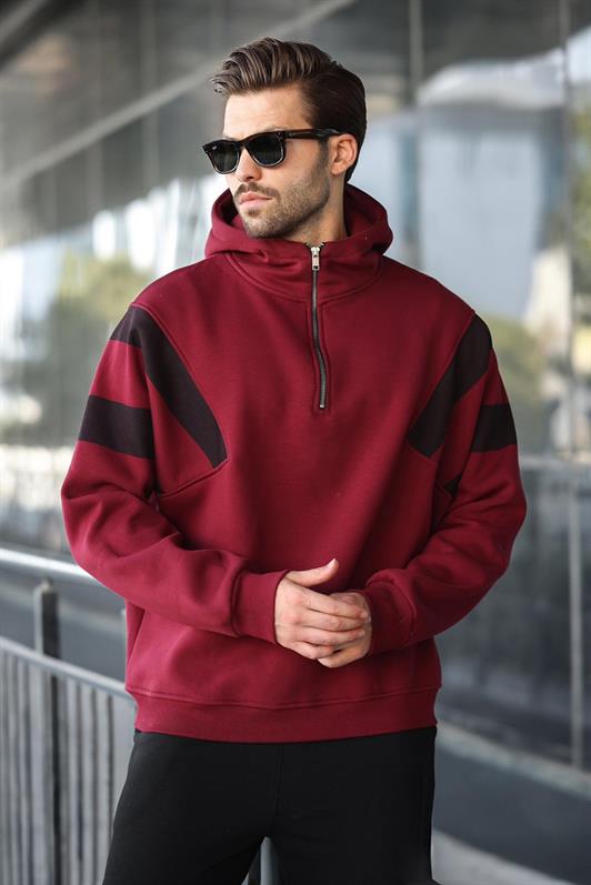 MDX Burgundy Zippered Collar Hooded Men's Sweatshirt E7161 - Charlottesville