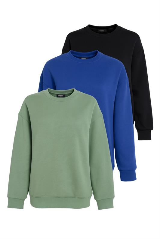 MDX Mint Yeşili/Siyah/Saks Bisiklet Yaka Basic 3'Lü Paket Sweatshirt MG2595 - Edmonton