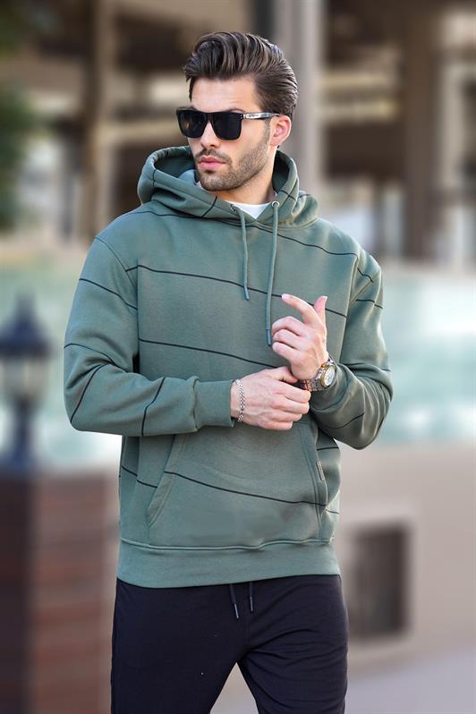 MDX Haki Hooded Striped Men's Sweatshirt with Pocket Detail 7063 - La Barca