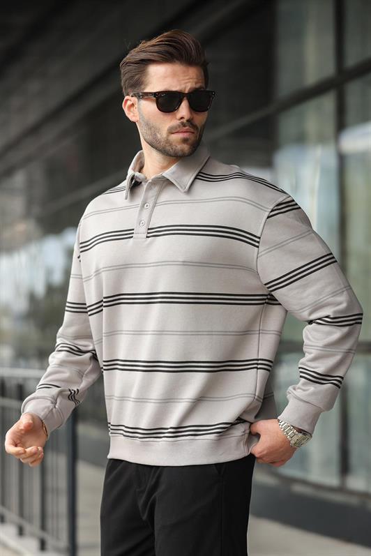 MDX Boyalı Gri Çizgili Polo Yaka Erkek Sweatshirt E7172 - Évry