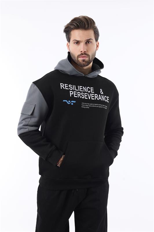 MDX Black Hooded Pocket Detailed Printed Men's Sweatshirt 7058 - Trujillo Alto