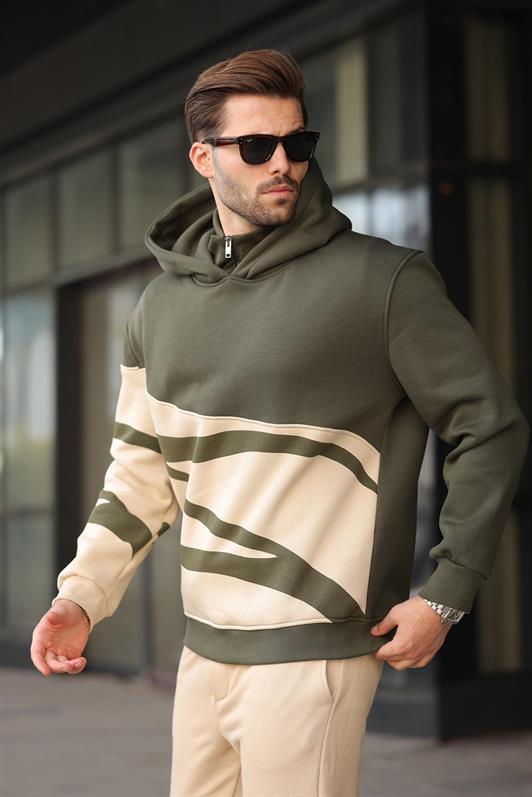 MDX Haki Kapüşonlu Fermuar Yaka Desenli Erkek Sweatshirt E7162 - DeSoto