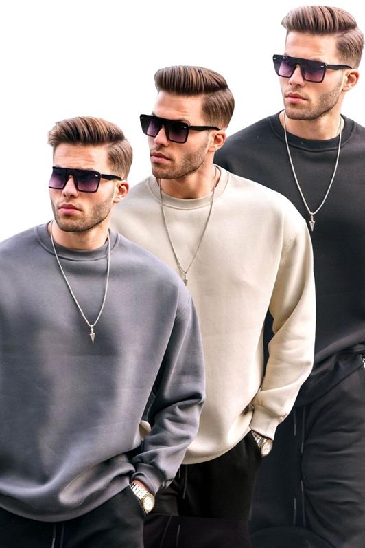 MDX Füme/Bej/Siyah Bisiklet Yaka Oversize Şardonlu Basic Erkek 3'Lü Paket Sweatshirt E7448 - Foligno