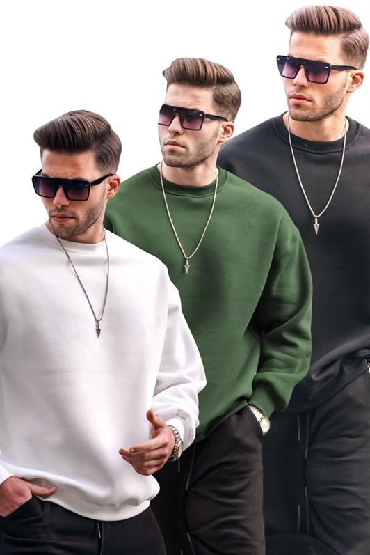 MDX Ekru/Haki/Siyah Bisiklet Yaka Oversize Şardonlu Basic Erkek 3'Lü Paket Sweatshirt E7448 - Arroyomolinos
