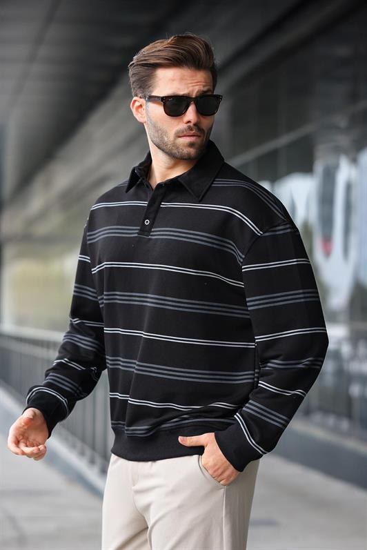 MDX Black Striped Polo Neck Men's Sweatshirt E7172 - Gap
