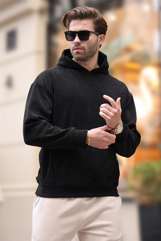 MDX Black Hooded Textured Sweatshirt with Pocket Detail E7101 - Albany