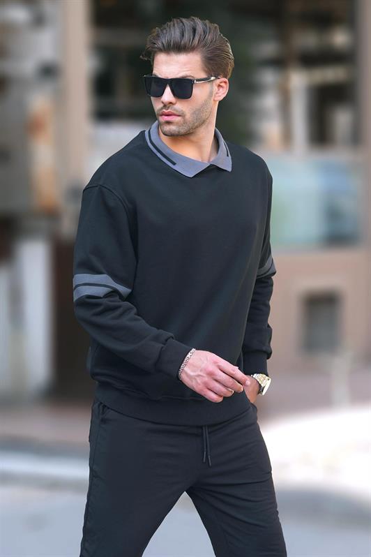 MDX Black Polo Neck Oversized Sleeve Striped Men's Sweatshirt 7048 - St. Clair Shores