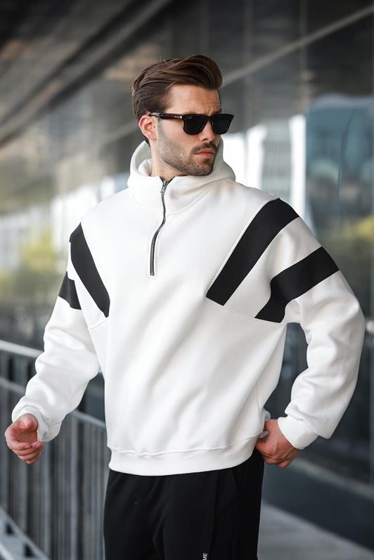 MDX Ecru Zippered Collar Hooded Men's Sweatshirt E7161 - Tejupilco