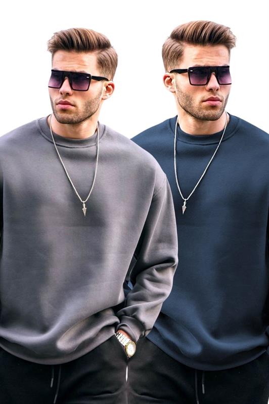 MDX Füme/Lacivert Bisiklet Yaka Oversize Şardonlu Basic Erkek 2'Li Paket Sweatshirt E7447 - Boston