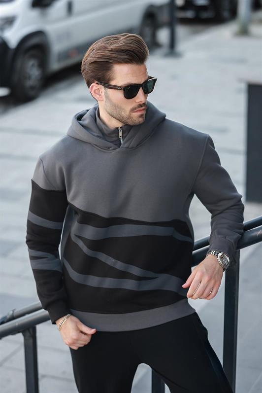 MDX Men's Smoke Hooded Zip Neck Patterned Sweatshirt E7162 - Madrid