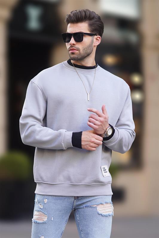 MDX Painted Gray Bicycle Collar Oversized Raglan Sleeve Detailed Men's Sweatshirt 7043 - Santa María Atzompa